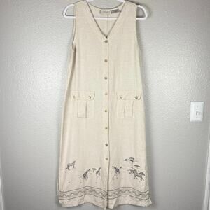 Lemon Grass Size P/L Beige Safari Design Embroidery Linen Blend Button Up Dress